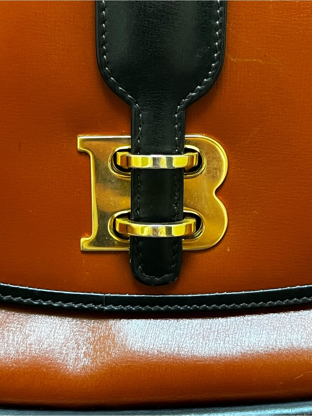 Bally Vintage 1980s Brown & Black Leather Top Handle Bag B Logo Clasp - Picture 9 of 16